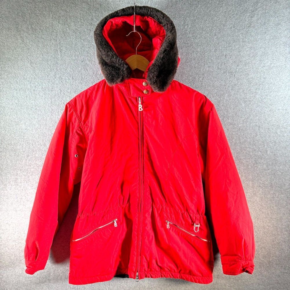 Bogner Windbreaker Jacket Women 10 Red Nylon Fur Hooded Full Zip Winter‎ Outdoor